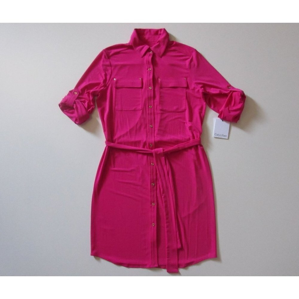 NWT Calvin Klein Hibiscus Pink Roll Sleeve Button Down Jersey Shirt Dress 6